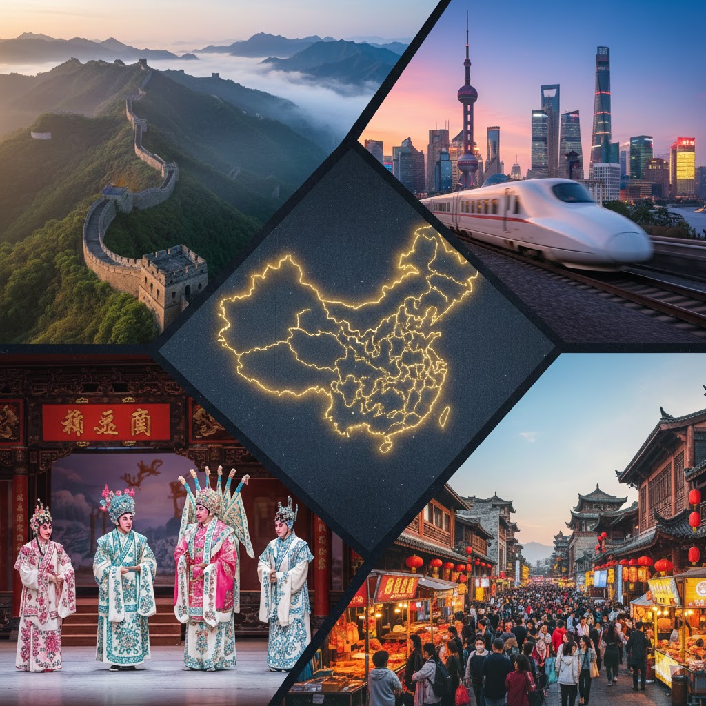 Çin Seddi, modern şehir silüeti ve geleneksel Çin mimarisini yansıtan geniş açılı manzara