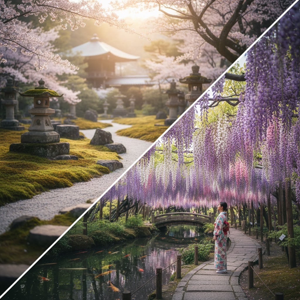 Japonya’da geleneksel Zen bahçesi, kiraz çiçekleri, taş yollar ve sakin su öğeleriyle huzurlu manzara