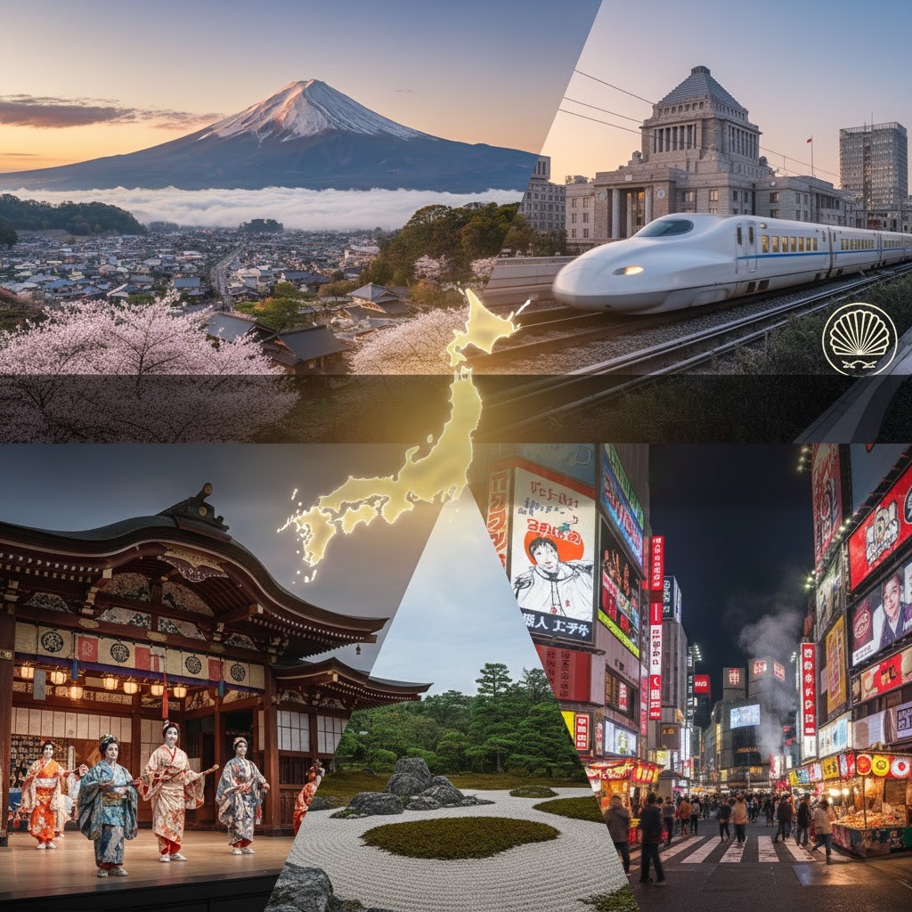 Japonya’da modern şehir silüeti, geleneksel tapınaklar ve doğal manzaraların bir arada görüldüğü Uzak Doğu görüntüsü