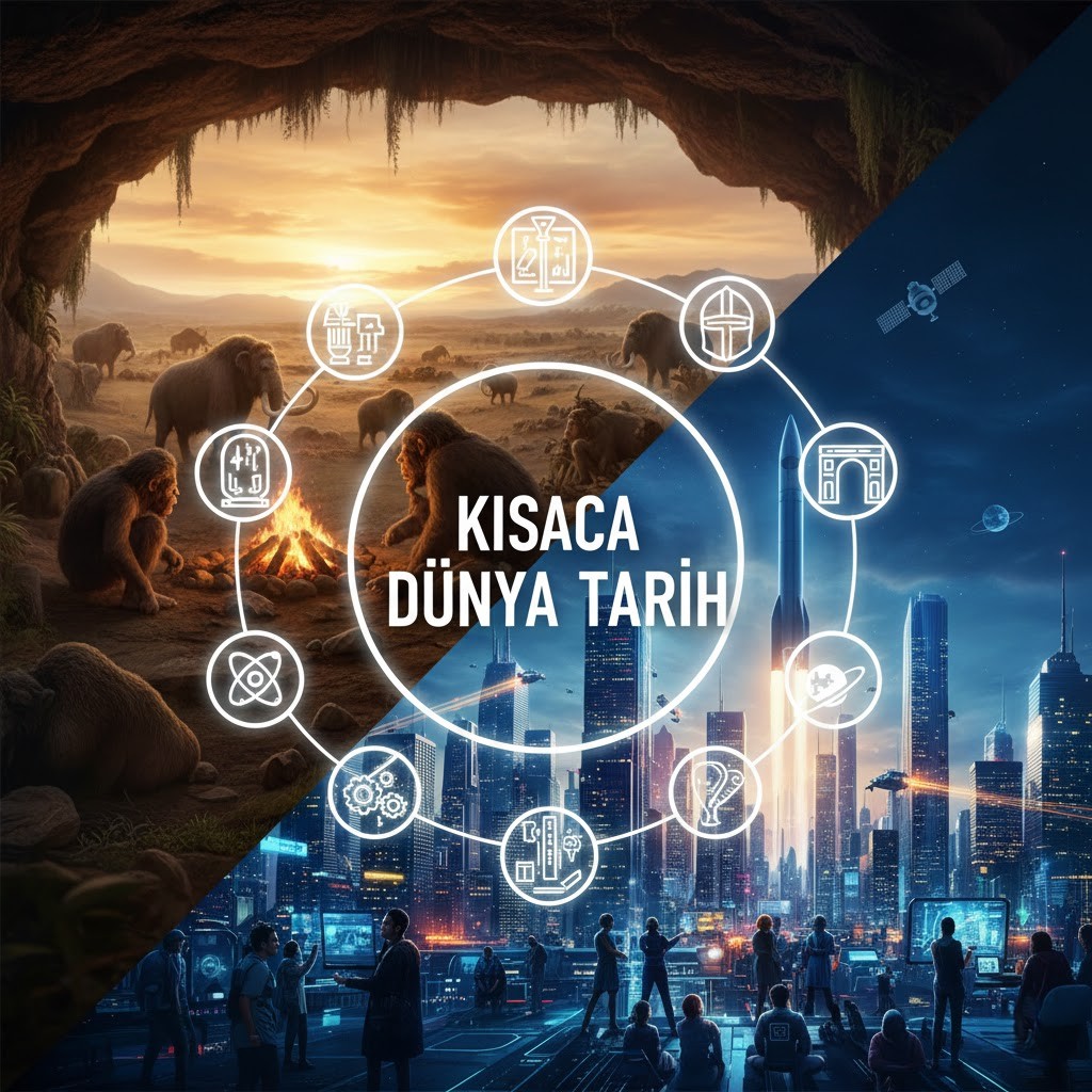 Antik uygarlıklardan modern dünyaya uzanan dünya tarihi sürecini simgeleyen harita ve tarihi yapılar