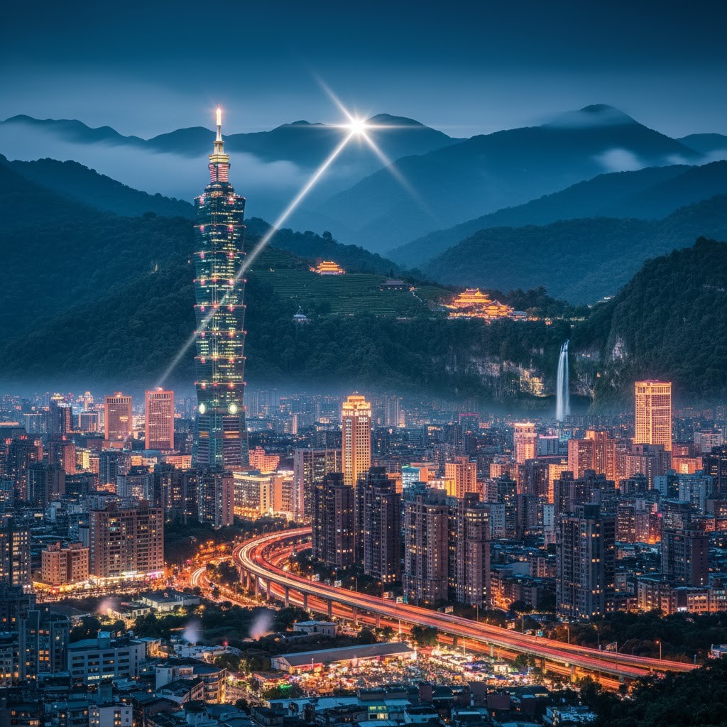 Tayvan’da modern şehir silüeti ile geleneksel tapınakların bir arada görüldüğü Doğu Asya manzarası