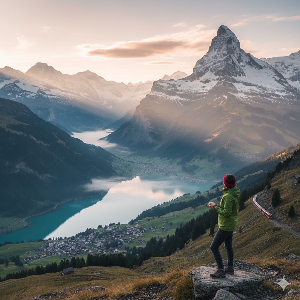 İsviçre Alpleri’nde karla kaplı dağlar, sakin bir göl ve doğanın sunduğu huzurlu manzara