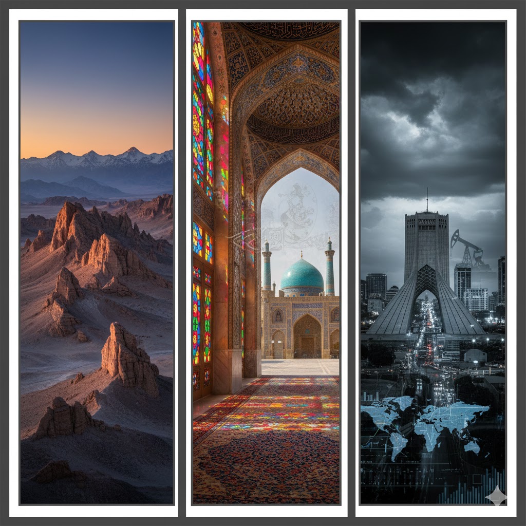 iran-cografya-siyaset-kultur-derinlemesine-bakis » Turizm Rehberi İran'ın İsfahan şehrindeki Nakş-ı Cihan Meydanı'nın turkuaz çinili cami kubbeleri, Şiraz'daki Nasır el-Mülk Camii'nin renkli camlarından süzülen ışıklar ve arka planda Elbruz Dağları'nın sisli silüeti.