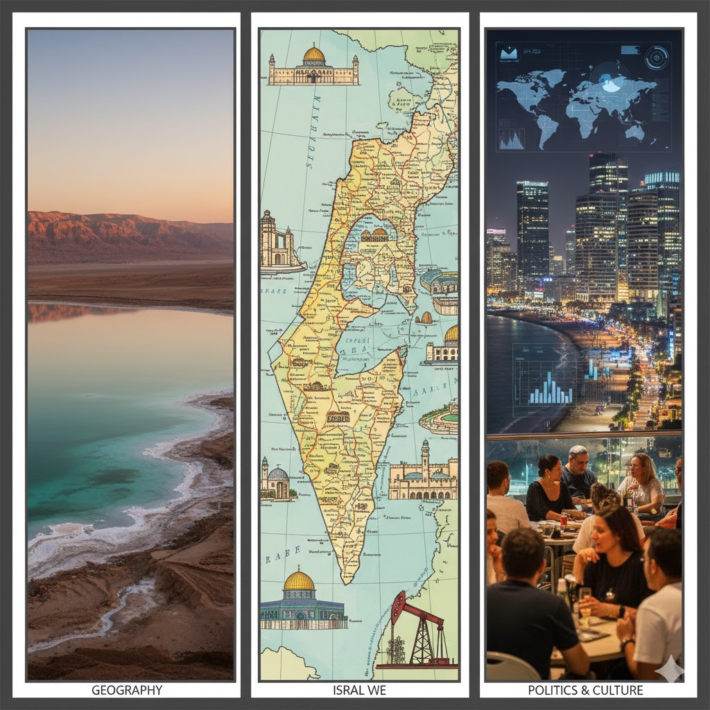 Kudüs'ün tarihi surları ve Kubbet-üs Sahra'nın altın kubbesi ile modern Tel Aviv'in gökdelenlerinin ve Akdeniz sahil şeridinin birleştiği, geleneksel ve moderni harmanlayan panoramik bir manzara.