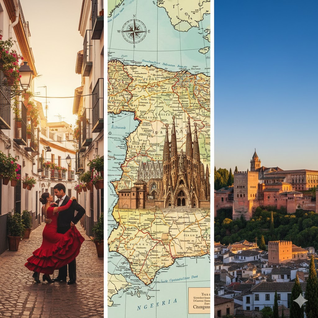 İspanya'nın Barselona şehrindeki ünlü Sagrada Familia Bazilikası'nın gotik mimarisi ile Endülüs bölgesindeki Alhambra Sarayı'nın İslam sanatı detaylarını birleştiren, arka planda canlı Flamenko dansçılarının silüetlerinin belirdiği güneşli bir kolaj.