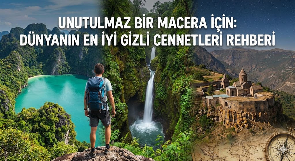 Turkuaz renkli suları ve sarp kayalıklarla çevrili, sadece denizden ulaşılabilen gizli bir koyda, geleneksel bir balıkçı teknesine bakan bir maceraperest gezginin yukarıdan çekilmiş manzarası.