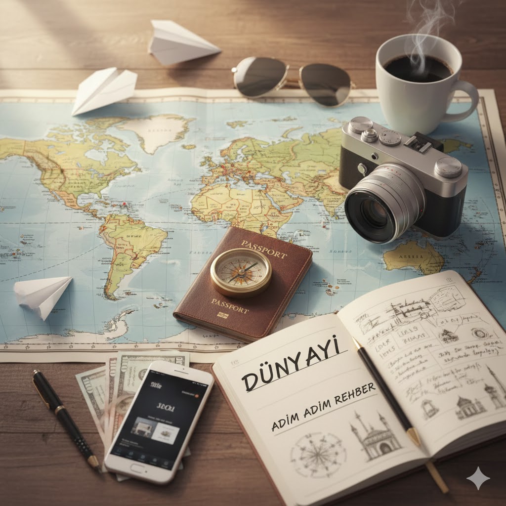 Ahşap bir masa üzerinde duran vintage bir dünya haritası, üzerine bırakılmış bir pasaport, profesyonel bir fotoğraf makinesi, bir pusula ve kahve fincanı; arka planda ise hayali destinasyonların not alındığı bir defter.