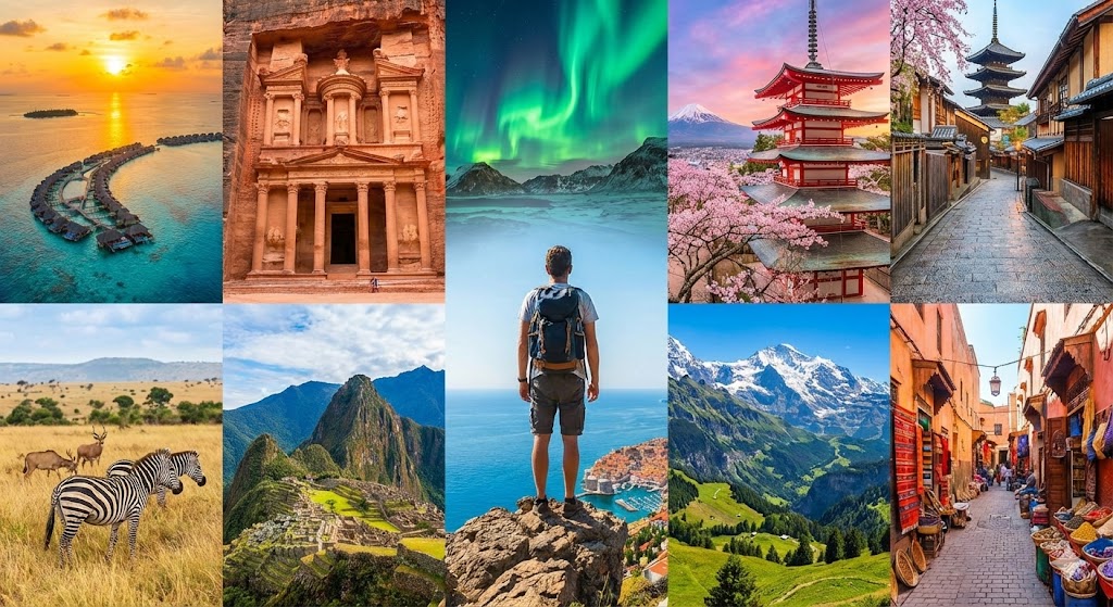 Dünyanın farklı köşelerinden egzotik plajlar, antik kentler ve karlı dağların birleştiği ilham verici bir seyahat kolajı ve ön planda gün batımını izleyen sırt çantalı bir gezgin.