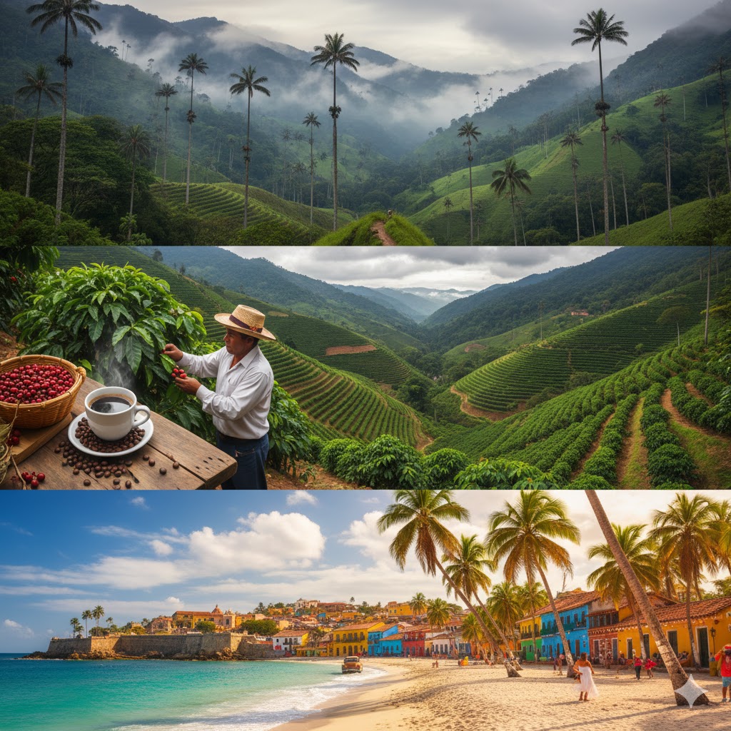 Kolombiya'nın simgesi olan Cocora Vadisi'ndeki devasa balmumu palmiyeleri ile Karayip sahillerinin beyaz kumlu, palmiye ağaçlı plajlarını birleştiren, arka planda sisli And Dağları'nın göründüğü canlı ve egzotik bir kolaj.