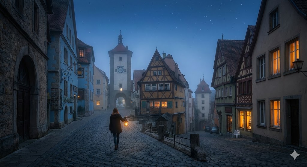 Alacakaranlıkta, yoğun sislerin sardığı dar ve taş döşeli antik bir şehir sokağında, elinde fenerle yürüyen yalnız bir gezginin tarihi kemerlerin ve eski binaların arasından geçtiği gizemli ve büyüleyici bir manzara.