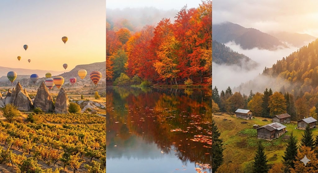Türkiye'de sonbaharın simgesi olan Bolu Yedigöller Milli Parkı'nda, sabah sisi altında kızıla, turuncuya ve sarıya dönmüş ağaçların durgun bir göle yansıdığı büyüleyici bir doğa manzarası ve iskelede duran bir gezgin.