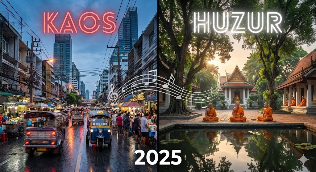 Bangkok'ta alacakaranlık vakti, uzun pozlama ile çekilmiş yoğun trafiğin yarattığı kırmızı ve beyaz ışık nehirlerinin aktığı modern bir caddenin hemen yanında, altın rengiyle aydınlatılmış sakin ve tarihi bir Budist tapınağı kompleksi ve arka planda modern şehir silueti.