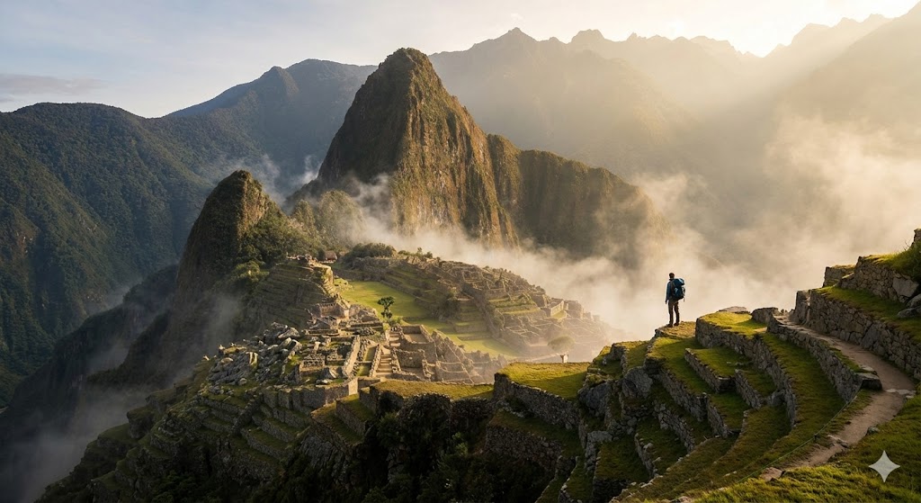 Peru'nun And Dağları'nda, sabah sisleri arasından yükselen antik İnka şehri Machu Picchu'nun ve arka plandaki Huayna Picchu dağının, teraslarda otlayan bir lama eşliğindeki ikonik ve dramatik manzarası.